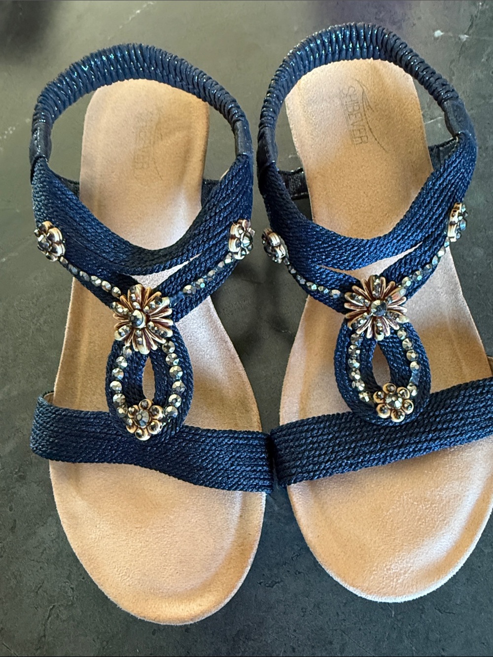 Embellished Navy Slingback Sandals with Floral Accents